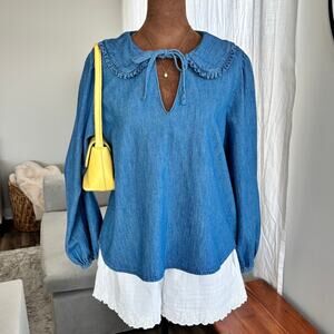 Old Navy Women's Puff Sleeve Denim Poet Blouse Ruffle Collar 100% Cotton Small